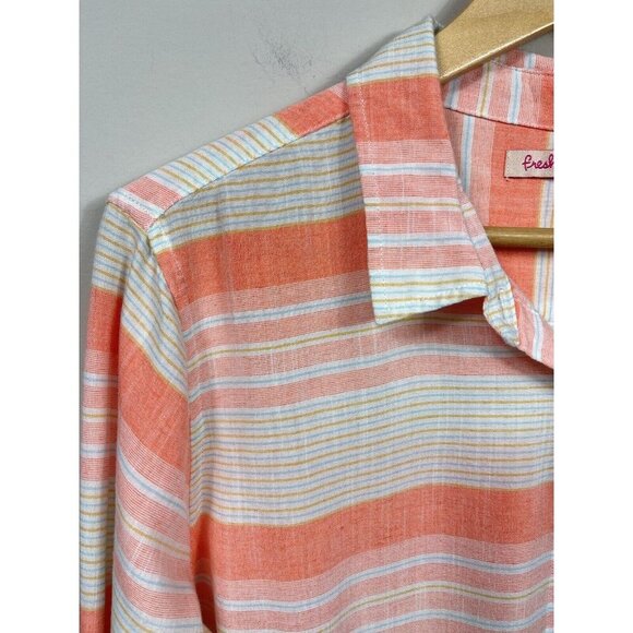 Fresh Produce Womens L White Blouse Button Down Long Sleeve Orange Striped Beach - Picture 3 of 10